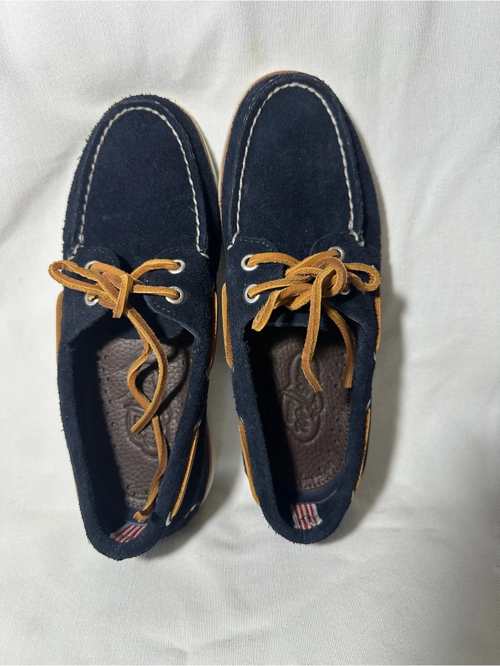 Sperry Navy Suede Boat Shoes with Tan Laces